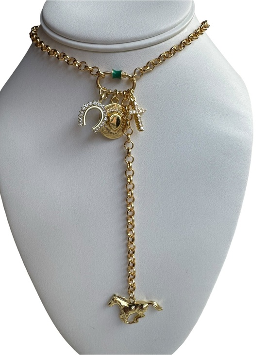 Jewelry - Gold-Tone Charm Lariat Necklace with Horse Pendant - Green Accent